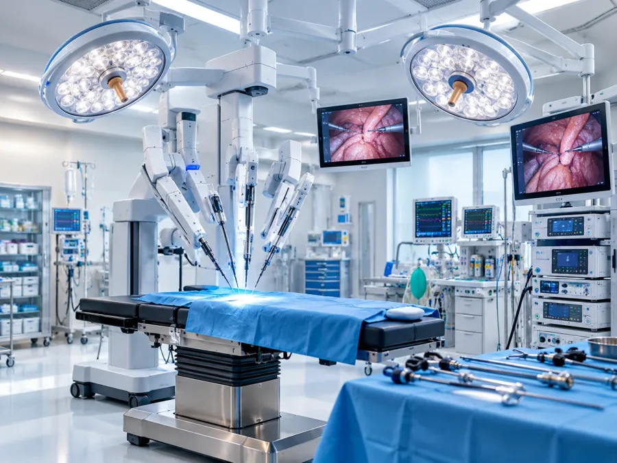Modern operating theatre with a robotic surgical system and laparoscopic instruments
